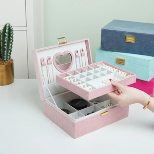 Large capacity multi-layer corduroy jewelry storage box with heart mirror and ring slots
