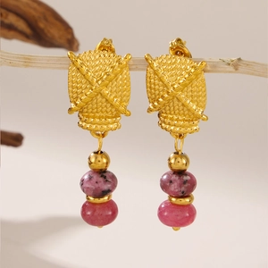 Golden stainless steel hoop earrings with natural stone beads and pink pearl tassels