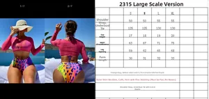 Size guide table for women's leopard print 3-piece swimsuit with long sleeve cover-up
