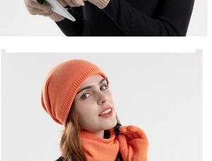 Detailed close-up of the orange knitted winter set with beanie, neck warmer, and gloves
