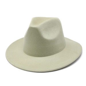 Detail of light beige faux suede fedora with wide brim and reinforced stitching edges