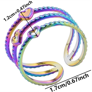 Rainbow plated stainless steel ring with hollow heart design and size measurements
