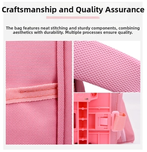 Detail of durable fabric, breathable mesh straps and sturdy parts of pink trolley backpack