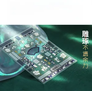 Detailed view of TS-002 ultra-thin nail stickers with blue floral and oriental motifs