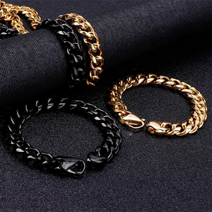Men Cuban Link Chain Necklace Bracelet Stainless Steel Flat Interlocking Hip Hop Punk Fashion Jewelry