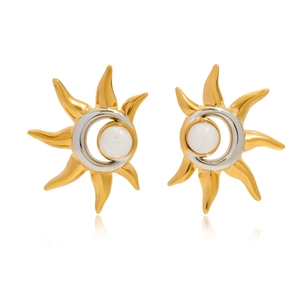 Two-tone sun and moon stud earrings in gold and silver finish with moonstone center
