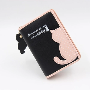 Close-up of pink cat silhouette and English text on black PU leather wallet