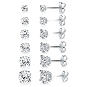 Round Zircon Stud Earrings Copper Four Claw Setting Various Sizes Elegant Piercing Jewelry Women