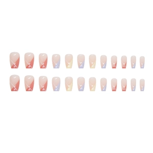 Nude pastel geometric press-on nails set with gradient colorful trapezoid design