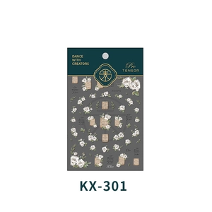 Detailed sheet of white rose nail stickers with vintage labels and leaves, KX-301