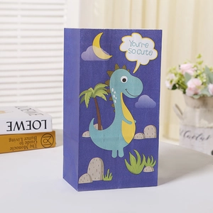 Purple cartoon dinosaur gift bag with You're SO cute text on a white desk backdrop