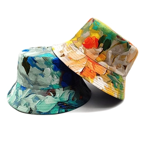 Floral double-sided bucket hats with abstract oil painting prints for sun protection