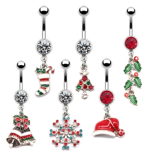 Christmas Zinc Alloy Rhinestone Belly Button Rings Santa Snowflake Tree Holiday Body Piercing Jewelry For Women Gift