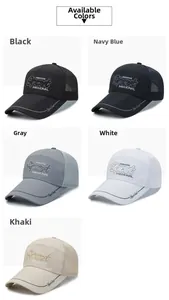 Detail view of five mesh baseball caps in various colors with high-quality embroidery