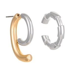 Polished gold curved hook and silver bamboo-style ear cuff detail in mirror finish