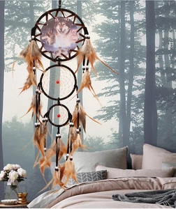Detail of a three-ring dreamcatcher with wolf oil painting and natural brown feathers