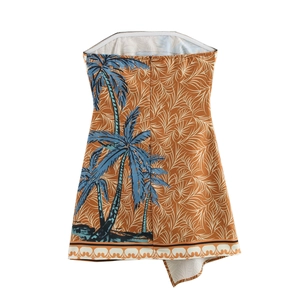 Women's tropical coconut tree print bandeau dress with an irregular hem and waist tie