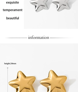 Detailed view of polished 34mm star stud earrings in gold and silver stainless steel