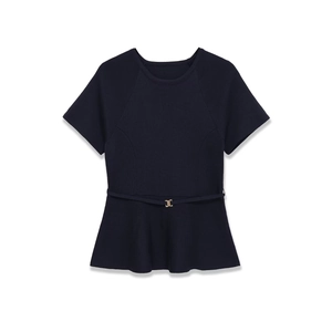 Navy short-sleeve knit top with peplum hem and slim belt with gold buckle