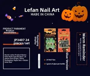 Detailed Halloween press-on nail kit with spider web, pumpkin, and zombie motifs