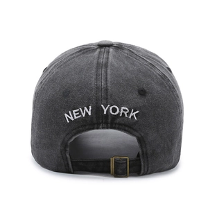 Vintage washed dark grey baseball cap featuring white New York embroidery and metal buckle