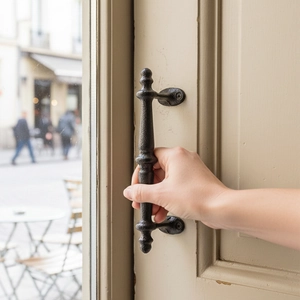 Vintage matte black iron cabinet handle with textured finish installed on white wooden door
