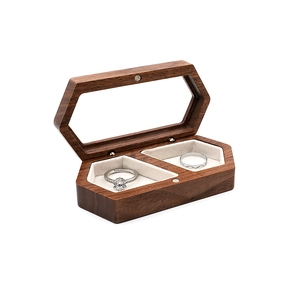 Hexagonal walnut wood mini jewelry box with double ring slots and velvet lining