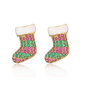 Detailed view of Christmas stocking earrings with red and green cubic zirconia and enamel