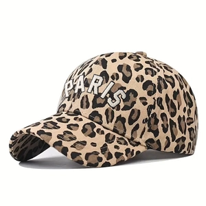 Adjustable leopard print baseball cap with white PARIS 3D embroidery and curved brim
