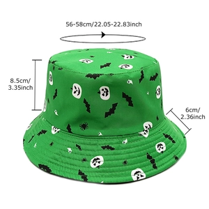 Green Halloween bucket hat with pumpkin and ghost prints, showing dimensions and 56-58cm fit