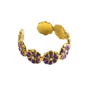 Vintage gold stainless steel open ring with purple enamel flowers and white centers