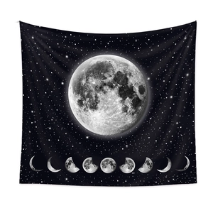 Bohemian black and white moon phase tapestry featuring realistic full moon and starry sky
