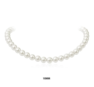 Close-up of 10mm high-luster white round glass pearl necklace with elegant reflection