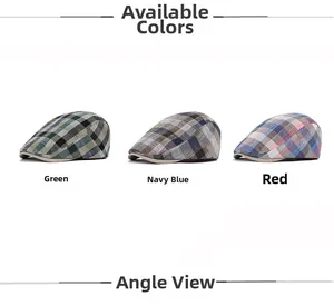 Close-up of three plaid flat caps in green, navy blue, and red with breathable fabric