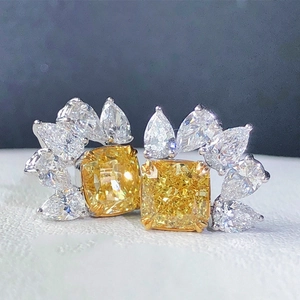 Elegant silver earrings with square yellow zircon and pear-cut white stone accents