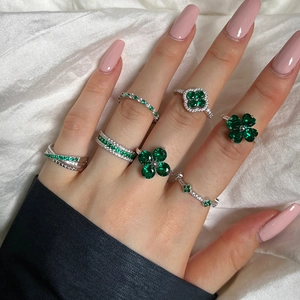Vintage 925 Sterling Silver Ring Green Zircon Clover Design Eternity Band Stackable Jewelry For Women