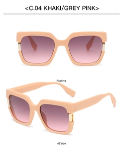 Front and 45-degree angle views of khaki square frame sunglasses with pink gradient lenses