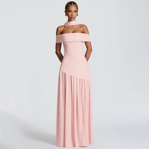 Elegant off-the-shoulder pink long slit maxi dress with graceful flowing ribbon details