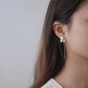 Close-up of S925 silver forget-me-not flower drop earrings worn by a model