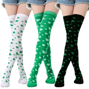 Detailed comparison of three colors of Saint Patrick's Day clover patterned over-knee socks