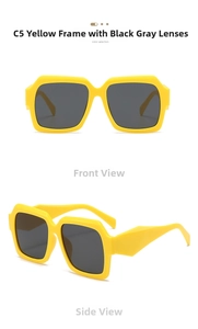 Detail view of yellow square sunglasses with dark grey lenses and chunky geometric frames