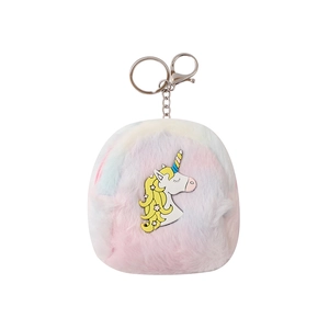 Detailed macro view of plush rainbow unicorn coin purse with silver keychain clip