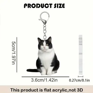 Detailed size chart of the acrylic cat keychain showing height and thickness measurements