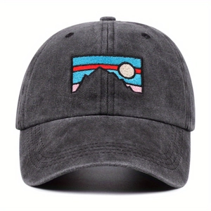 Dark gray washed cotton baseball cap with vintage mountain embroidery and curved brim