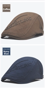 Detail of diamond-quilted beret hats with Bustling embossed letters and metal side buckles