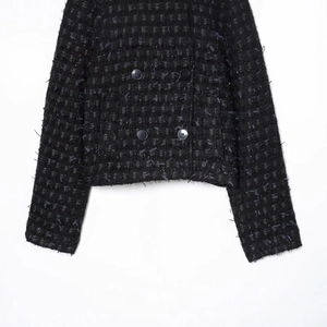 Women's black tweed double-breasted jacket with subtle metallic thread detail