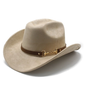 Vintage beige wool felt western cowboy hat with brown leather band and horsebit buckle