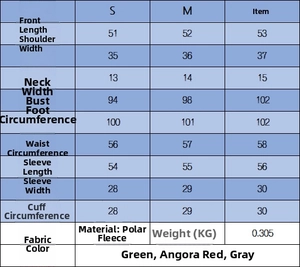 Size chart for women knit cardigan showing S, M, L dimensions in green and angora red