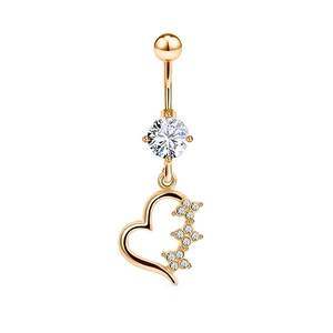 Detail view of a gold belly ring featuring a sparkling heart pendant with cubic zirconia
