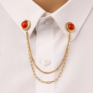 Gold double-layer lapel chain with red natural stone on a white shirt collar